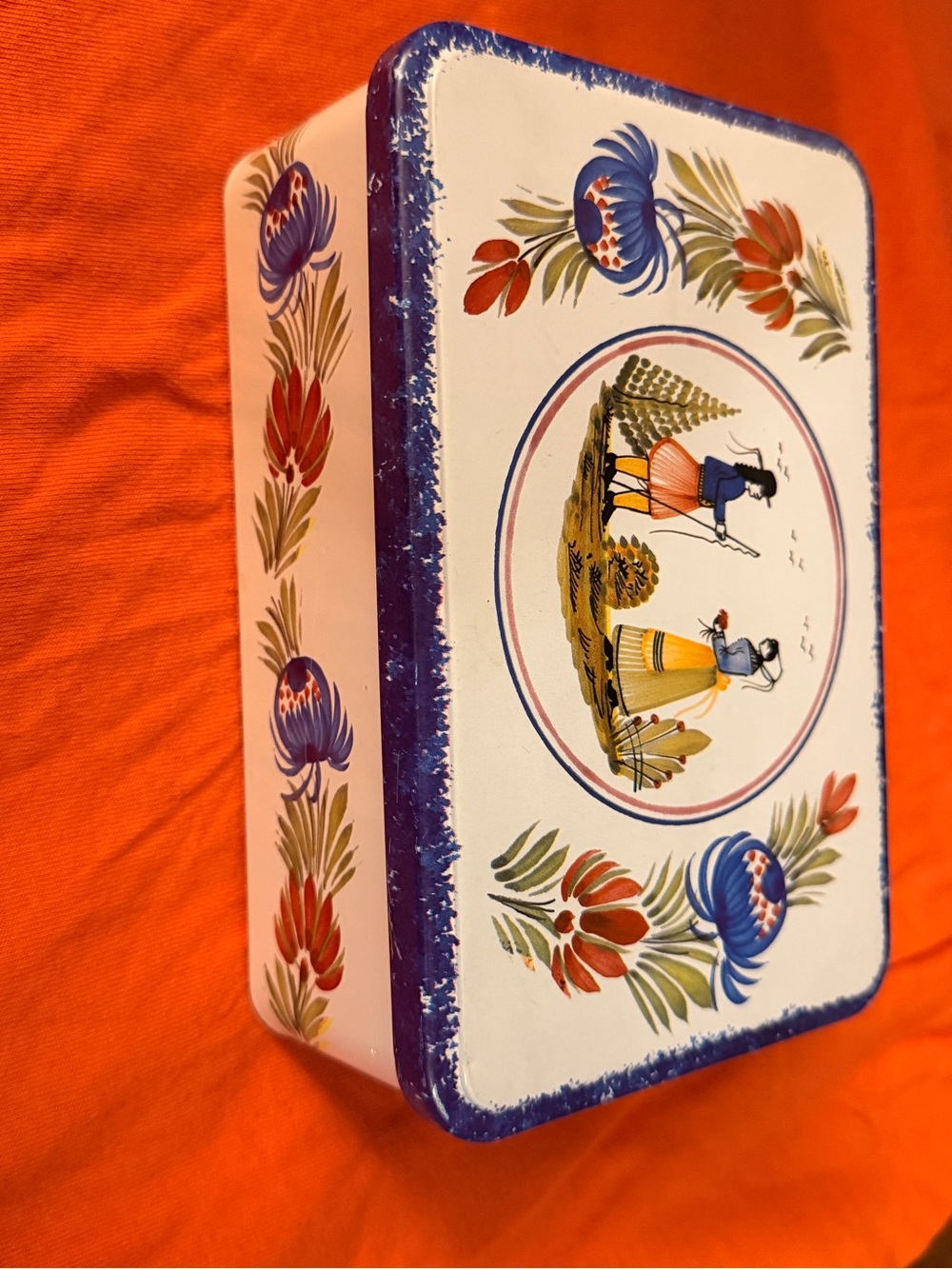 VTG Massilly France Quimper Style Tin Box Folk Art Breton Couple